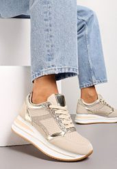 Beżowe Sneakersy na Grubej Podeszwie w Paski Zdobione Brokatem Selarissa. Brązowe obuwie sportowe damskie Renee, bez zapięcia. Za 99.99 zł.