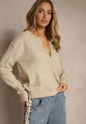 Beżowy Klasyczny Kardigan z Zaokrąglonym Dekoltem Reonira. Brązowe kardigany damskie Renee, l, bez wzorów, z jeansu. Za 149.99 zł.