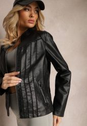 Czarna Kurtka Ramoneska Biker z Przeszyciami z Ekoskóry Platana. Czarne kurtki damskie Renee, s, bez wzorów, z jeansu, bez kaptura. Za 69.99 zł.