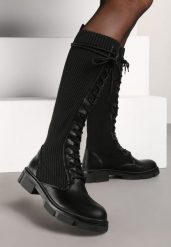 Czarne Płaskie Kozaki ze Skarpetową Cholewką i Sznurowaniem Sannirael. Czarne kozaki damskie Renee, z jeansu, bez obcasa, na płaskiej podeszwie, bez zapięcia. Za 89.99 zł.