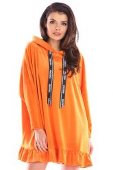 Przedłużona Bluza Welurowa z Falbanką - Pomarańczowa. Brązowe bluzy damskie Awama, uniwersalny, bez wzorów, z elastanu, bez kaptura. Za 269.90 zł.