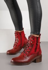 Bordowo-Czerwone Botki Trzewiki na Klockowym Obcasie Zdobione Suwakiem Salittea. Czerwone botki damskie Born2be, z dzianiny, biznesowe, bez obcasa, na obcasie, bez zapięcia. Za 149.99 zł.