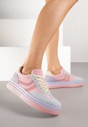 Różowo-Niebieskie Sneakersy Typu Kultowe Tenisówki na Niskiej Platformie Olritia. Czerwone obuwie sportowe damskie Renee, z materiału, bez zapięcia, tenisowe. Za 119.99 zł.