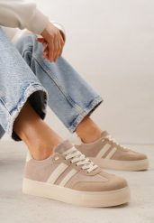 Ciemnobeżowe Sneakersy na Platformie w Stylu Tenisówek Ozdobione Paskami Ladia. Brązowe obuwie sportowe damskie Renee, na wiosnę, z jeansu, bez zapięcia, tenisowe. Za 109.99 zł.