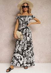 Czarno-Biała Wiskozowa Sukienka Typu Hiszpanka o Rozkloszowanym Kroju z Marszczoną Górą Fereri. Czarne sukienki damskie Renee, bez wzorów, z wiskozy, eleganckie, bez ramiączek. Za 59.99 zł.