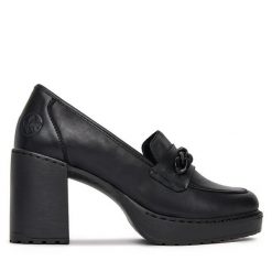 Półbuty Rieker. Czarne czółenka damskie Rieker, bez wzorów, bez obcasa, na obcasie. Za 229.99 zł.