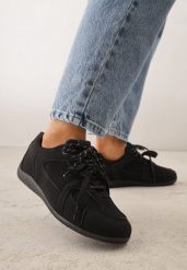 Czarne Sneakersy z Podwójnym Sznurowaniem i Geometrycznymi Wstawkami Adrearah. Czarne obuwie sportowe damskie Renee, z jeansu, bez zapięcia. Za 79.99 zł.