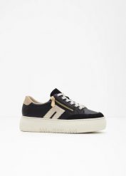 Sneakersy Rieker na platformie, skórzane. Czarne obuwie sportowe casual damskie bonprix, ze skóry, bez zapięcia. Za 339.99 zł.