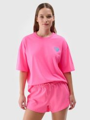 4F T-shirt oversize z nadrukiem damski - fuksja L. Czerwone t-shirty damskie 4F, l, bez wzorów, z bawełny, bez kołnierzyka. W wyprzedaży za 39.99 zł.