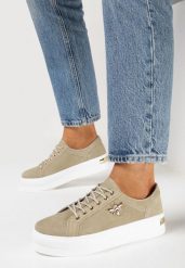 Beżowe Sneakersy ze Skóry na Grubej Podeszwie z Metaliczną Ozdobą Orlianse. Brązowe obuwie sportowe damskie Born2be, ze skóry, bez zapięcia. Za 169.99 zł.