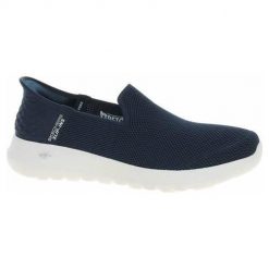 Buty do chodzenia damskie Skechers 124641NVW. Niebieskie obuwie sportowe damskie Skechers, z materiału, bez zapięcia, trekkingowe. Za 536.00 zł.