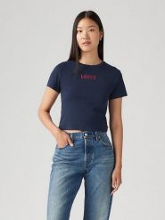 Levi's Koszulka w kolorze granatowym rozmiar: S. Niebieskie bluzki damskie Levi's, s, bez wzorów, z bawełny, bez kołnierzyka, bez ramiączek. Za 101.94 zł.