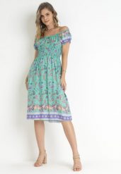 Miętowa Rozkloszowana Sukienka Bawełniana Hiszpanka we Wzór Paisley Dottia. Zielone sukienki damskie Born2be, bez wzorów, z bawełny, bez ramiączek. Za 79.99 zł.