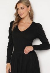 Czarny Sweter z Wiskozą Metaliczną Nicią i Bufiastymi Rękawami Sanellia. Czarne swetry klasyczne damskie Born2be, m, z jeansu, bez kołnierzyka. Za 99.99 zł.