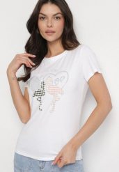 Biały T-shirt z Bawełny z Cyrkoniami i Nadrukiem Listebia. Białe t-shirty damskie Born2be, m, bez wzorów, z bawełny, bez kołnierzyka. Za 34.99 zł.