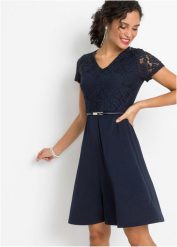 Sukienka mini z koronką i paskiem. Niebieskie sukienki damskie bonprix, bez wzorów, z koronki, eleganckie, bez ramiączek. Za 147.99 zł.