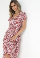 Czerwona Bawełniana Sukienka w Kwiatki z Gumką w Talii i Guzikami Ronalika. Czerwone sukienki damskie Born2be, z aplikacjami, z bawełny, eleganckie, bez ramiączek. Za 89.99 zł.