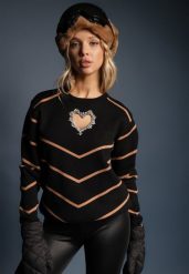 Brązowo-Czarny Sweter z Wiskozą w Paski Ozdobiony Wycięciem w Kształcie Serca z Cyrkoniami Temireli. Brązowe swetry klasyczne damskie Renee, m, z wiskozy, bez kołnierzyka. Za 84.99 zł.