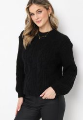 Czarny Sweter w Ozdobny Splot Rulda. Czarne swetry klasyczne damskie Born2be, m, z dzianiny, bez kołnierzyka. Za 74.99 zł.