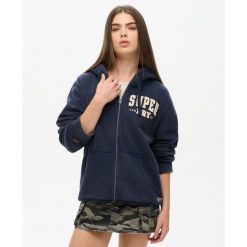 Bluza z kapturem vintage sportowa. Niebieskie koszulki sportowe damskie Superdry, bez wzorów, bez ramiączek. W wyprzedaży za 376.25 zł.