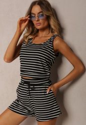 Czarne Szorty Dresowe High Waist z Bawełny w Paski Ściągane Troczkiem Celisea. Czarne szorty damskie Renee, bez wzorów, z bawełny, z podwyższonym stanem. Za 59.99 zł.