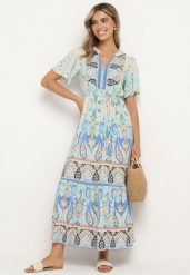 Niebieska Wiskozowa Sukienka Boho Zapinana na Guziki z Materiałowym Paskiem w Talii Dimovana. Niebieskie sukienki damskie Born2be, z aplikacjami, z materiału, boho, bez ramiączek. Za 119.99 zł.