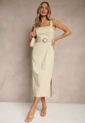 Beżowa Sukienka z Wiskozą o Dopasowanym Kroju z Paskiem z Klamrą i Rozcięciami Mepona. Brązowe sukienki damskie Renee, bez wzorów, z wiskozy, eleganckie, bez ramiączek. Za 109.99 zł.
