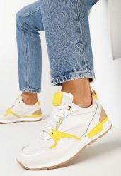 Biało-Żółte Sneakersy z Cholewką przed Kostkę i Ozdobnymi Przeszyciami Elsinaine. Białe obuwie sportowe casual damskie Born2be, bez zapięcia. Za 84.99 zł.