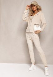 Jasnobeżowy Welurowy Komplet Dresowy Bluza z Kapturem i Proste Spodnie Arislo. Brązowe bluzy damskie Renee, l, bez wzorów, z dresówki, z kapturem. Za 74.99 zł.
