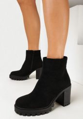 Czarne Botki z Imitacji Zamszu na Słupku i Platformie Mariatou. Czarne botki damskie Born2be, z jeansu, eleganckie, bez obcasa, na obcasie, bez zapięcia. Za 99.99 zł.