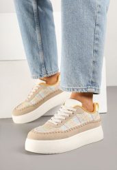 Ciemnobeżowe Sneakersy na Grubej Podeszwie z Plecioną Cholewką Nilavanea. Brązowe obuwie sportowe damskie Born2be, z jeansu, bez zapięcia. Za 89.99 zł.