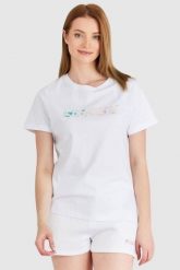GUESS Biały t-shirt damski z kolorowym logo. Białe t-shirty damskie Guess, s, z aplikacjami, z bawełny, bez kołnierzyka. W wyprzedaży za 129.99 zł.
