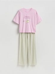 Dwuczęściowa piżama z bawełny - jasnozielony. Zielone piżamy damskie Reserved, bez wzorów, z bawełny, bez ramiączek. Za 129.99 zł.