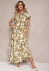 Zielona Sukienka w Listki z Elastyczną Gumką w Talii i Wiązanym Paskiem Jaliren. Zielone sukienki damskie Renee, bez wzorów, eleganckie, bez ramiączek. W wyprzedaży za 67.99 zł.