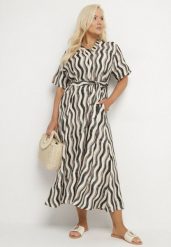 Szara Pudełkowa Sukienka z Wiskozy w Geometryczny Wzór z Paskiem Luniretia. Szare sukienki damskie Born2be, bez wzorów, z wiskozy, eleganckie, bez ramiączek. W wyprzedaży za 72.24 zł.