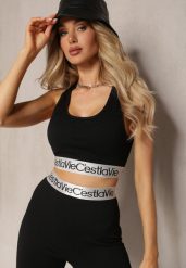 Czarny Top Sportowy Biustonosz Elastyczny Prążkowany z Ozdobną Gumą Waslema. Czarne koszulki sportowe damskie Renee, bez wzorów, z gumy, bez ramiączek. Za 34.99 zł.