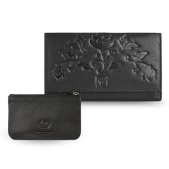 Portfel damski skórzany z kwiatowym wzorem T-45-BL etui na klucze T-51-NBL zestaw prezentowy Paolo Peruzzi ZUP-119-BL. Czarne portfele damskie PAOLO PERUZZI, bez wzorów, ze skóry ekologicznej. Za 109.99 zł.