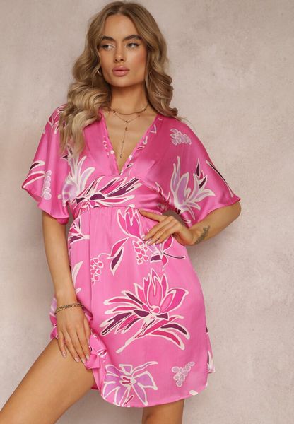 Różowa Sukienka Mini Nietoperz z Gumką w Talii i Głębokim Dekoltem Victona. Czerwone sukienki damskie Renee, bez wzorów, bez ramiączek. Za 149.99 zł.