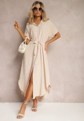 Beżowa Koszulowa Sukienka z Wiskozy z Materiałowym Paskiem w Talii Gialara. Brązowe sukienki damskie Renee, bez wzorów, z materiału, eleganckie, bez ramiączek. W wyprzedaży za 67.99 zł.