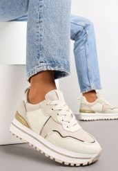 Beżowe Sneakersy z Cholewką przed Kostkę Ozdobione Brokatem Telse. Brązowe obuwie sportowe damskie Renee, na lato, przed kostkę, bez zapięcia. Za 99.99 zł.