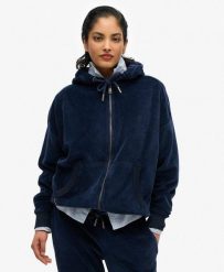 Kurtka z kapturem z aksamitu. Niebieskie kurtki damskie Superdry, bez wzorów, z bawełny, z kapturem. Za 391.90 zł.