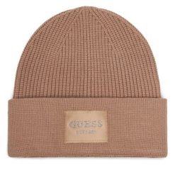 Czapka Guess. Brązowe czapki damskie Guess, na zimę, z aplikacjami. Za 154.99 zł.