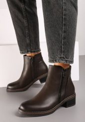 Brązowe Botki na Słupku w Stylu Sztybletów z Ozdobnym Suwakiem Verinorie. Brązowe botki damskie Renee, z dzianiny, eleganckie, z okrągłym noskiem, bez obcasa, na obcasie, bez zapięcia. Za 129.99 zł.