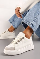 Beżowe Sznurowane Sneakersy z Ekoskóry na Grubej Podeszwie z Ozdobnymi Cyrkoniami Nevarra. Brązowe obuwie sportowe damskie Renee, z jeansu, bez zapięcia. Za 74.99 zł.