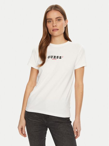 Guess Jeans T-Shirt W5RI54 J1314 Biały Regular Fit. Białe t-shirty damskie Guess Jeans, xs, z aplikacjami, z bawełny, bez kołnierzyka. Za 79.99 zł.