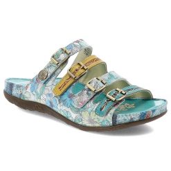 Klapki damskie Laura Vita, skórzane na płaskiej podeszwie z miękkimi wkładkami klasyczne z klamrami, turkusowe, Lillo-5025-CX1933-50. Niebieskie klapki damskie LAURA VITA, z aplikacjami, bez obcasa, na płaskiej podeszwie, bez zapięcia. Za 269.00 zł.