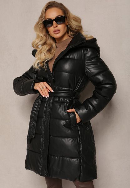 Czarna Wiskozowa Kurtka z Imitacji Skóry z Ozdobnym Pikowaniem z Paskiem i Kapturem Gersja. Czarne kurtki damskie Renee, l, bez wzorów, ze skóry. Za 304.99 zł.