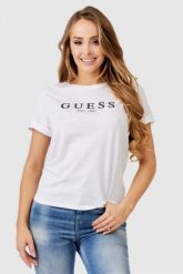 GUESS Biały t-shirt damski z czarnym logo. Białe t-shirty damskie Guess, s, z aplikacjami, z bawełny, bez kołnierzyka. W wyprzedaży za 132.99 zł.