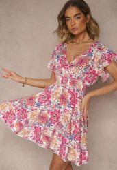 Fuksjowa Kwiatowa Kopertowa Sukienka z Bawełny Ulosiana. Czerwone sukienki damskie Renee, bez wzorów, z bawełny, eleganckie, bez ramiączek. W wyprzedaży za 39.99 zł.
