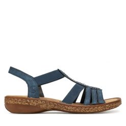 Sandały Rieker. Niebieskie sandały damskie Rieker, bez wzorów, bez obcasa, na płaskiej podeszwie, bez zapięcia. Za 223.99 zł.